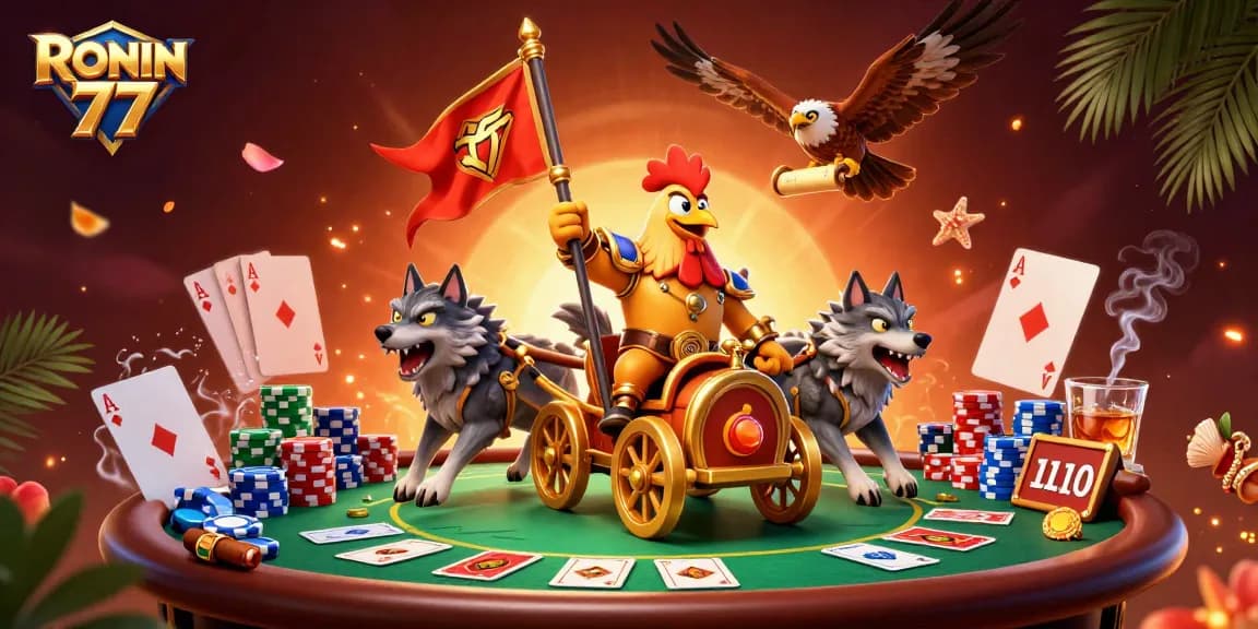 Engage with RONIN 77, a vibrant casino scene featuring poker elements and animated characters.