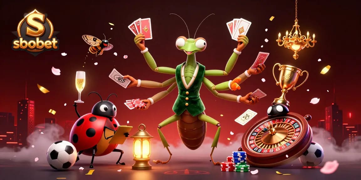Exciting sbobet sports betting scene featuring a mantis dealer and ladybug pit boss amidst dynamic elements.