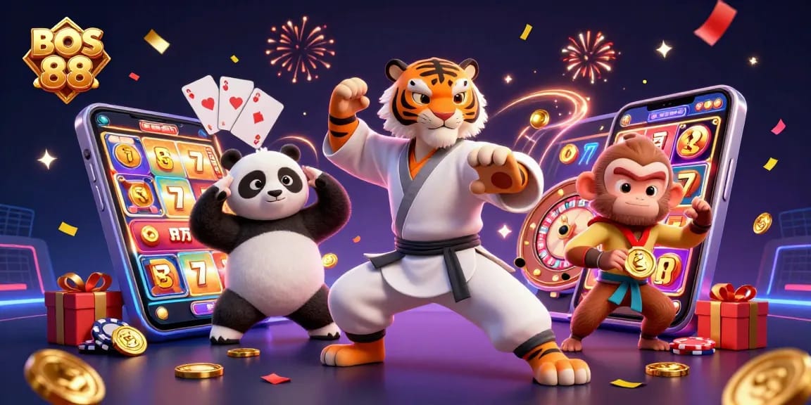 Bermain dengan slot online di BOS 88, karakter kartun menarik dan elemen kasino memberikan keseruan.