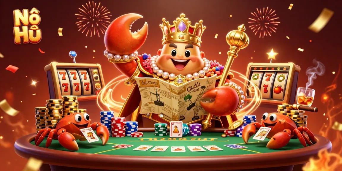Nổ Hũ gameplay featuring a golden crab emperor amidst slot reels and poker chips celebrating a winning jackpot.