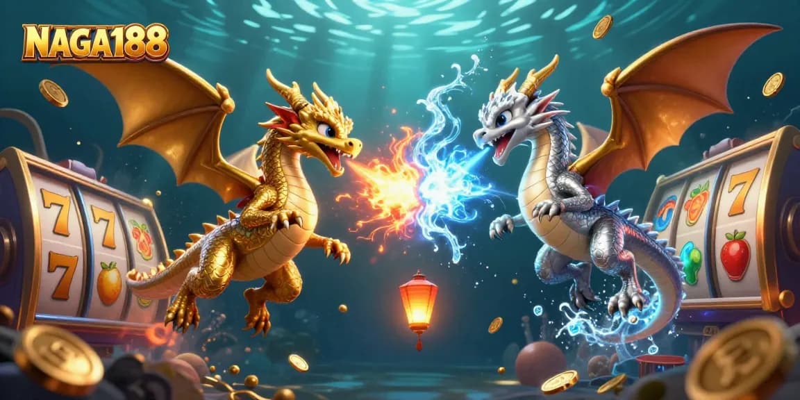 NAGA188 menghadirkan ilustrasi slot yang menarik dengan naga terbang dan jackpot bersinar.