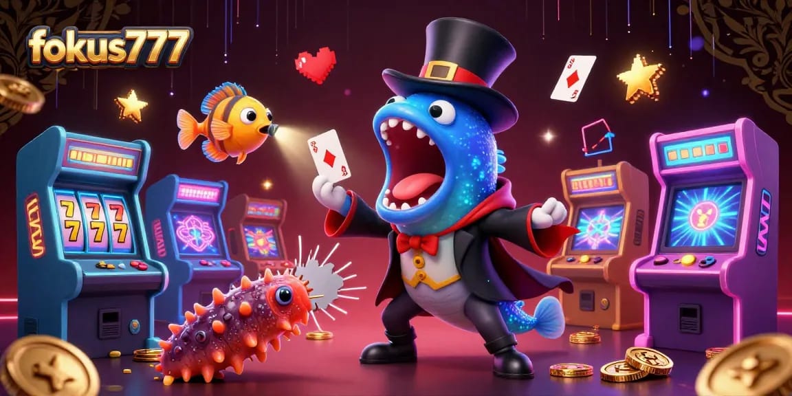 fokus777 showcases a deep-sea eel magician performing tricks amid vibrant casino elements