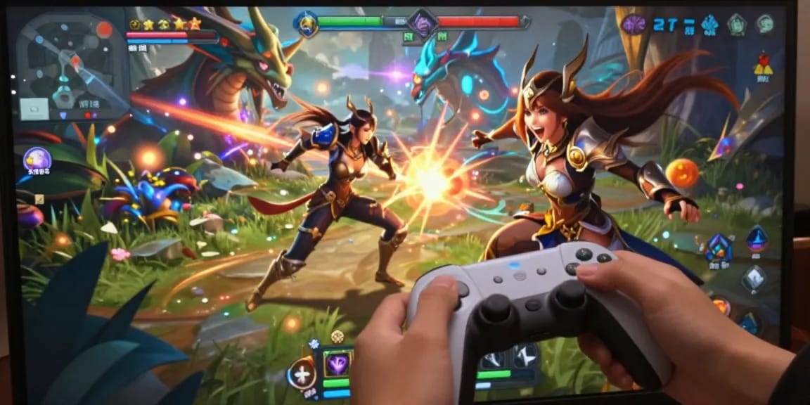 Exciting female hentai game character battling mythical creatures in a vibrant fantasy world.