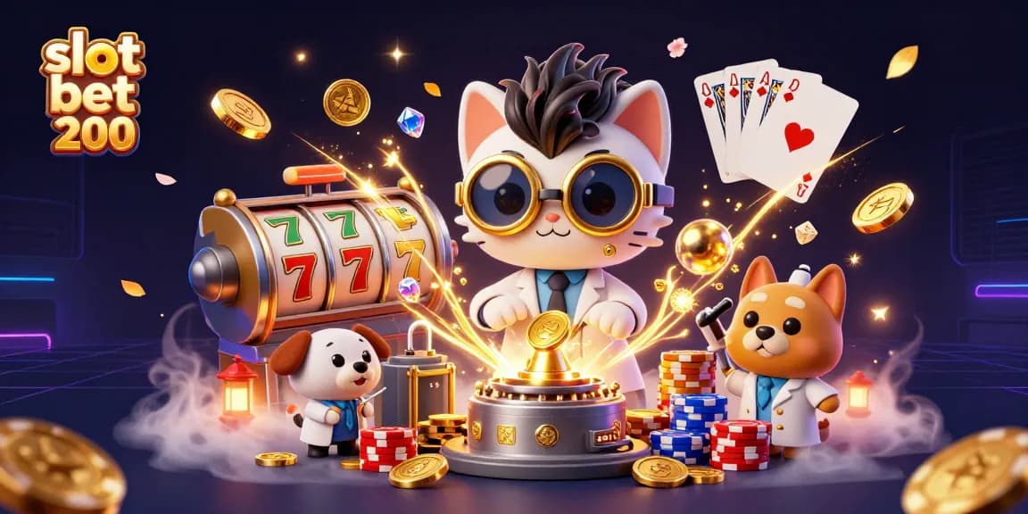 Engage with the dynamic scene of a slot bet 200 illustrated as a 3D cartoon with vibrant casino elements.