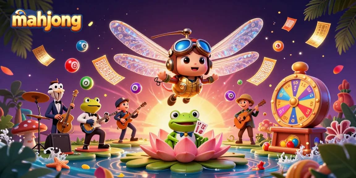 Engage in mahjong with a vibrant casino scene featuring a dragonfly pilot and frog croupier.