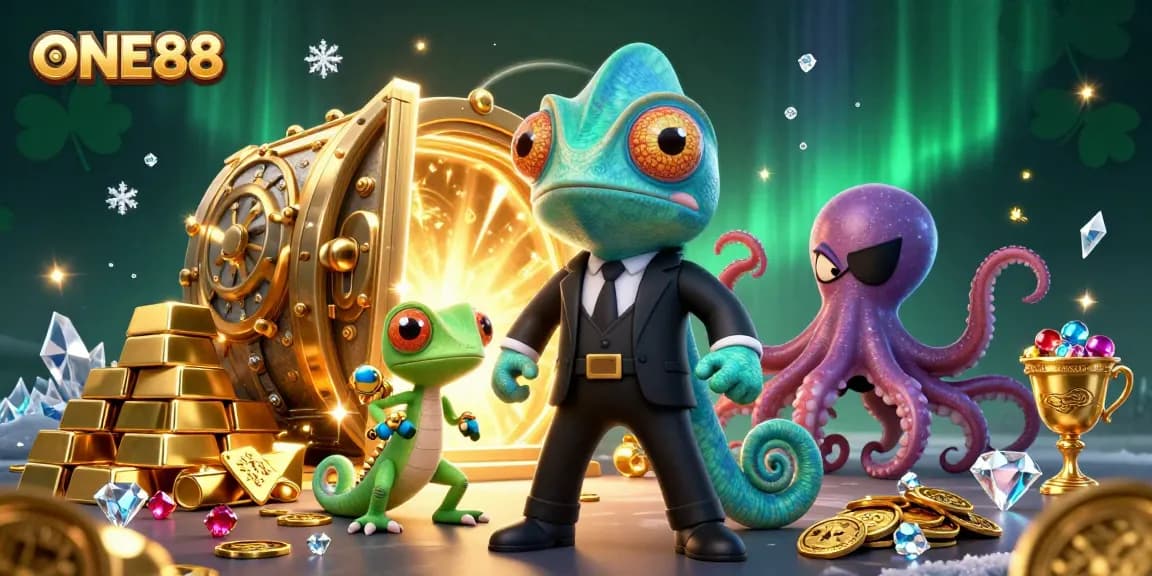 Experience thrilling adventures with ONE88, featuring a dynamic scene of a chameleon agent, tech-savvy gecko, and villainous octopus.