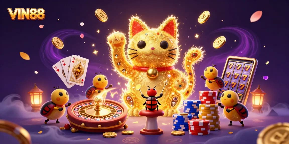Engage with VIN88's thrilling games featuring a giant lucky cat and vibrant casino symbols!
