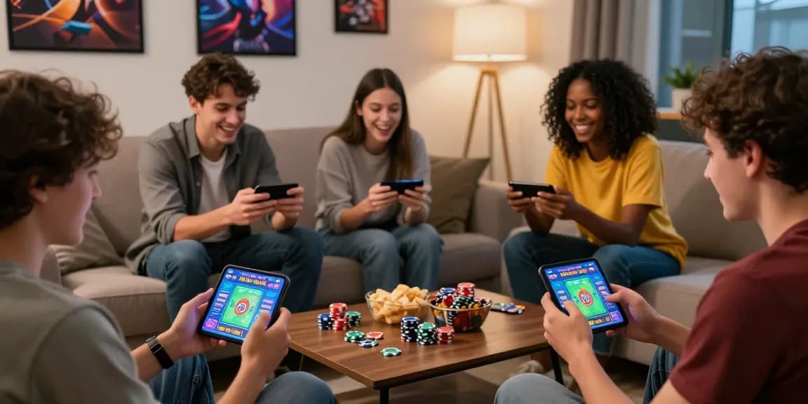 Group of friends enjoying the Teen Patti Gold APK on smartphones, showcasing the website homepage of lively online gaming.