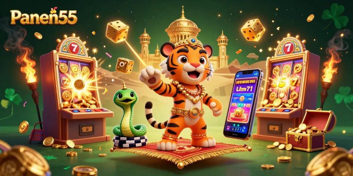 Experience the thrill of Panen55 with vibrant casino elements bursting from an epic scene.
