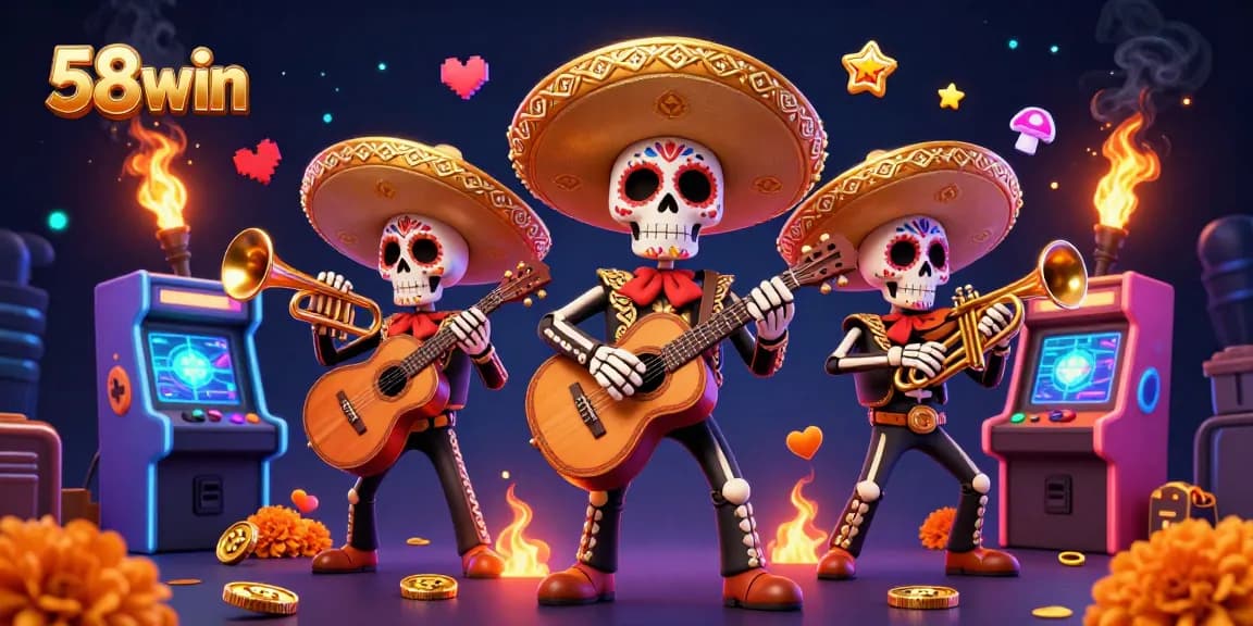 Experience thrilling gameplay with 58win, featuring a vibrant scene with mariachi skeletons and arcade games.