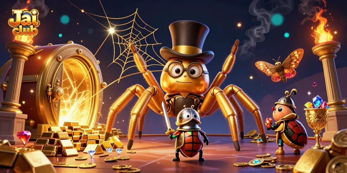 Engage with Jai club's thrilling gameplay as a golden tarantula weaves excitement in an energetic casino scene.