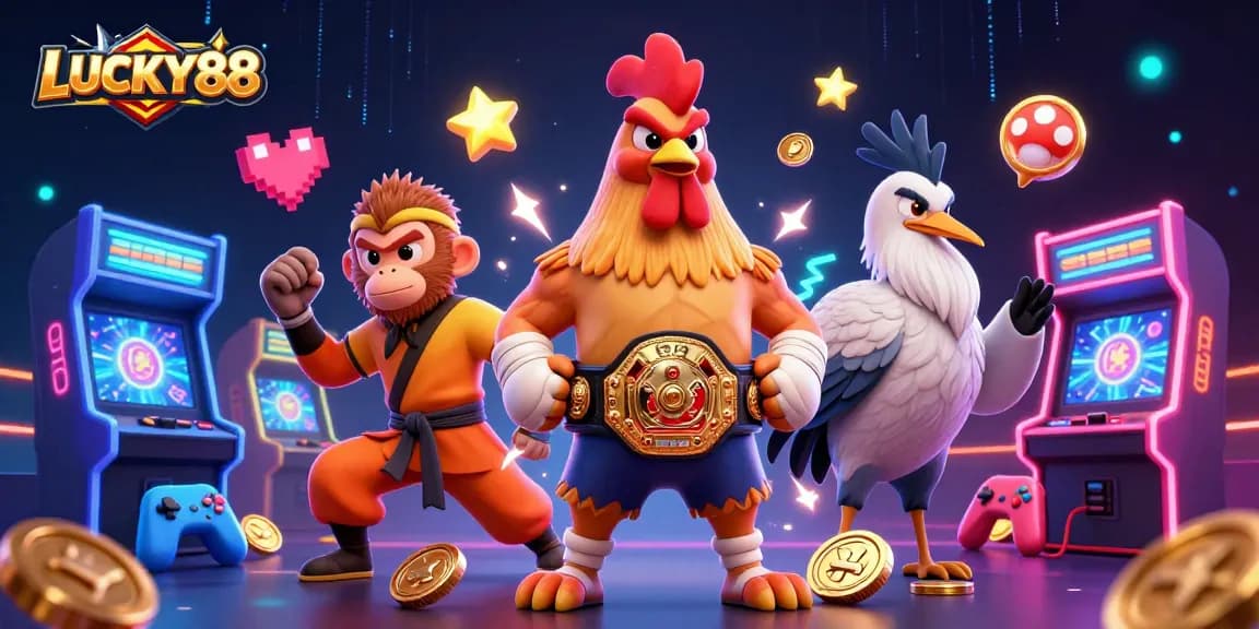 LUCKY88 showcases an exciting scene with a Muay Thai rooster and game elements, highlighting casino gaming action.