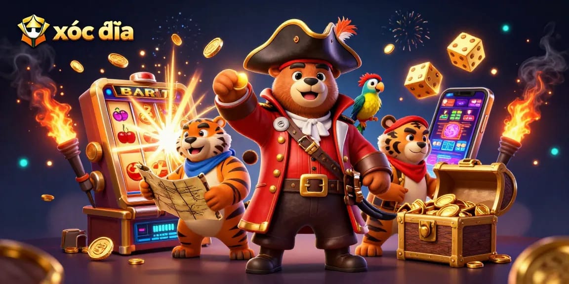 Play xóc đĩa with excitement and colorful slot elements in this vibrant casino scene.