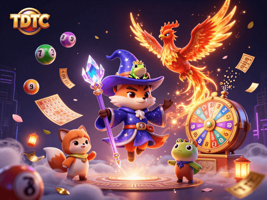 Engage with the magical world of TDTC lottery and prizes, featuring a wizard and phoenix.
