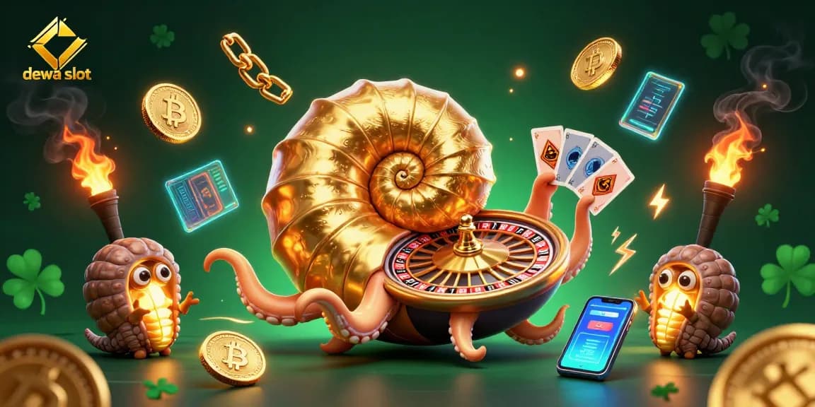 Engage with dewa slot strategies in this vibrant illustration featuring a giant nautilus roulette wheel surrounded by cryptocurrency elements.
