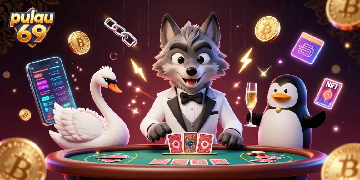 Experience pulau 69 winning strategies at a lively casino scene with animated characters and glowing crypto elements.