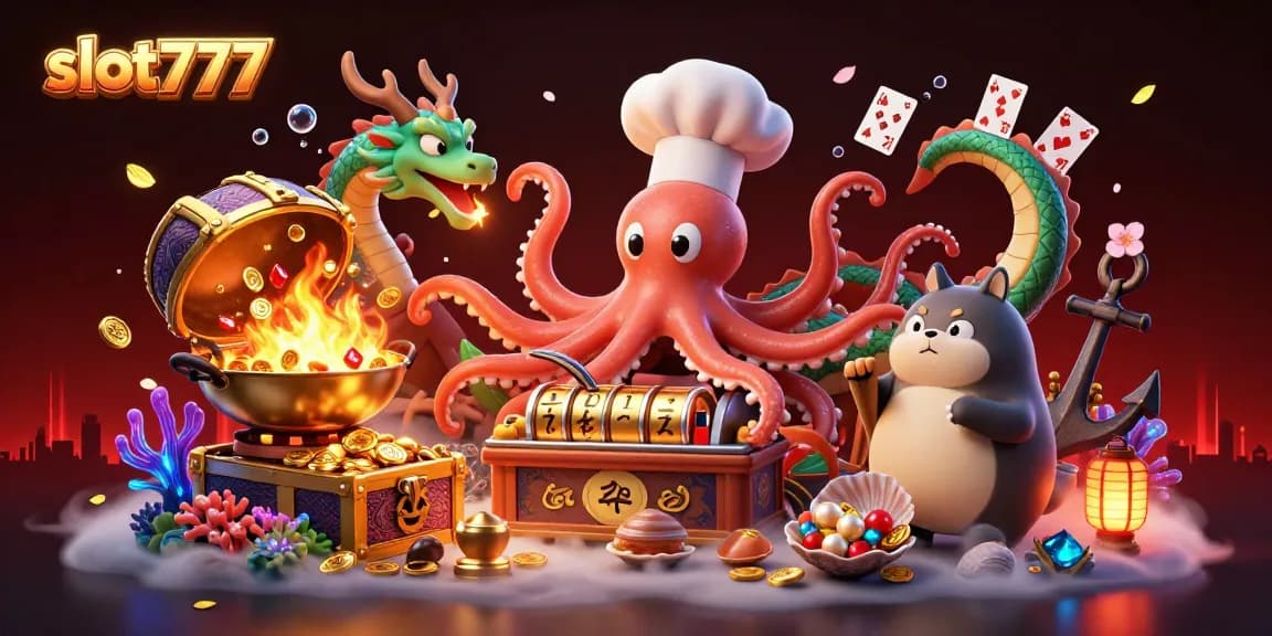 Engage with slot777 as the vibrant scene showcases a sushi chef octopus and dragon in a casino-themed illustration.