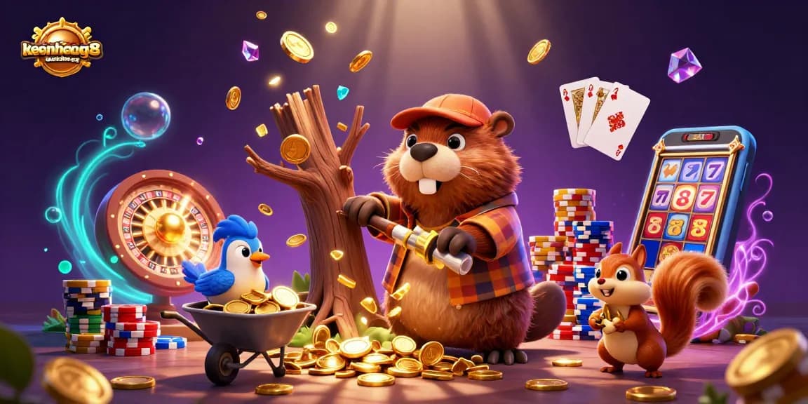 keonhacaibong88 features a vibrant scene with a lumberjack beaver and gold coins raining down.