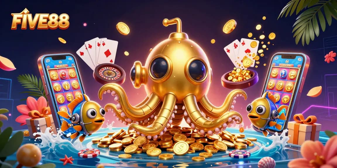 Experience the excitement at FIVE88 with a vibrant 3D casino scene featuring a kraken submarine and slot games.