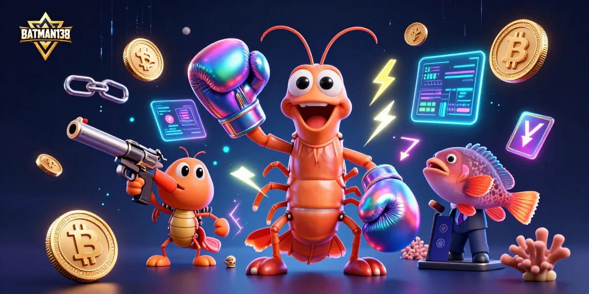 Join the excitement with BATMAN138 in this illustrated casino adventure featuring lively shrimp characters and crypto elements.