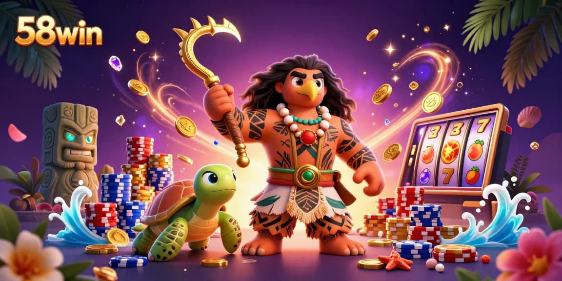 Play and win with 58win's vibrant casino scene featuring dynamic slots and lively characters.