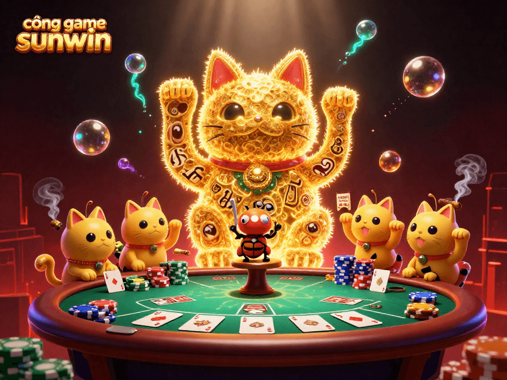 Engage with cổng game sunwin as golden fireflies form a lucky cat amidst vibrant casino action.