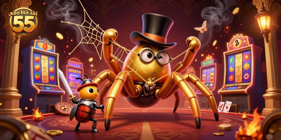 Experience the thrilling world of kèo nhà cái 55 with a whimsical 3D golden tarantula and colorful casino elements.