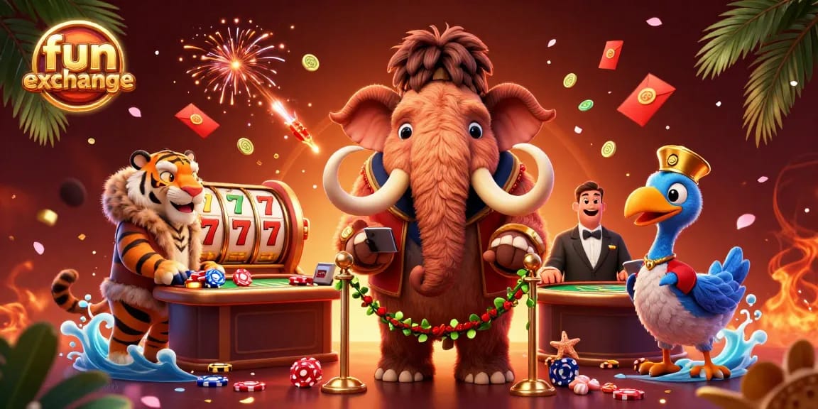 Engage with fun exchange gaming, illuminated by fireworks and lively characters in a vibrant casino