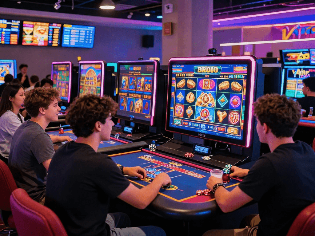 Friends enjoying the slot100 game experience in a lively casino setting with vibrant graphics and chips.
