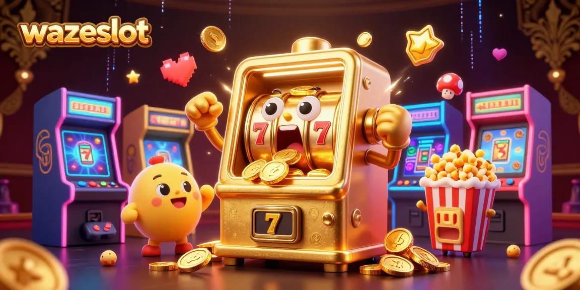 Play big and win jackpots with the vibrant wazeslot arcade scene filled with cheerful slot machines.