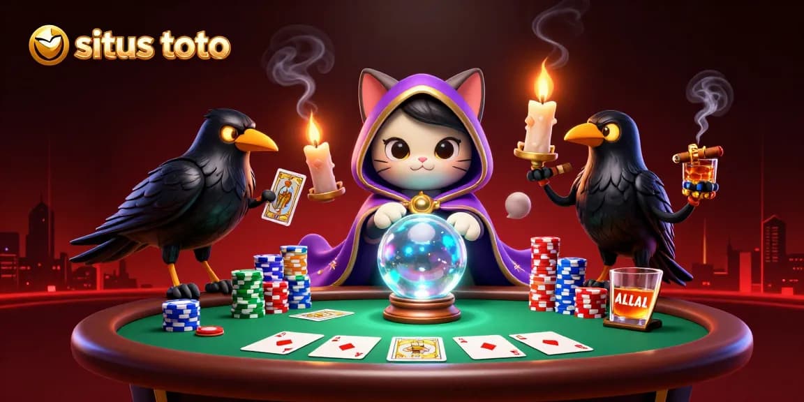 Engage in situs toto gaming adventures with a mystic cat and tarot raven at a vibrant poker table.