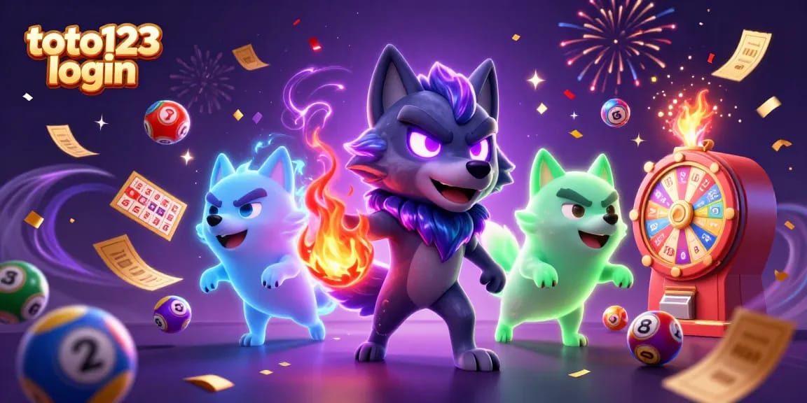 Experience the excitement of toto123 login with glowing wolves and lottery elements in a vibrant 3D scene.