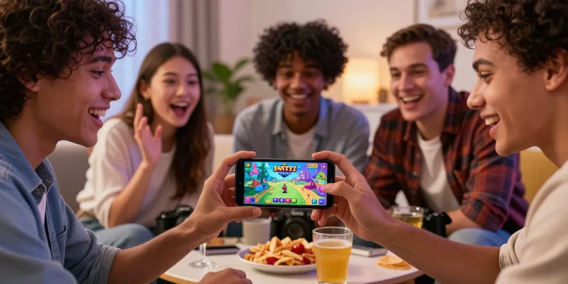 Excited friends playing 3 Patti World together, encouraging viewers to play now.