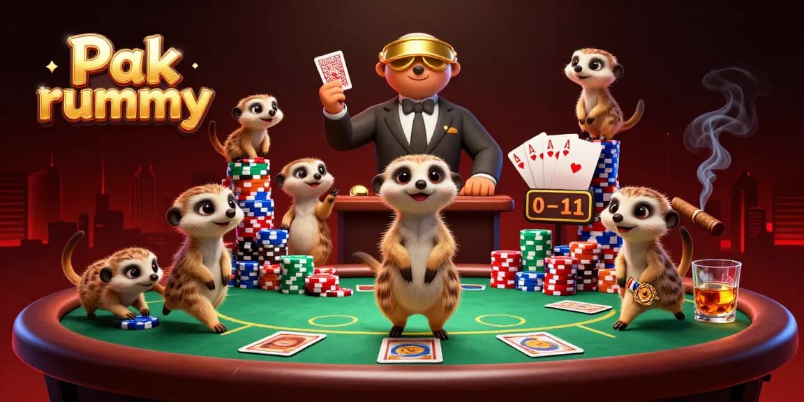 Experience thrilling game action with Pak rummy as meerkats manage a vibrant casino scene.