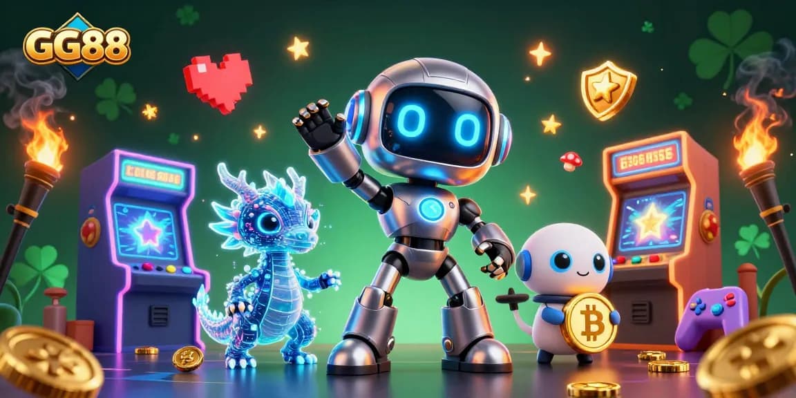 Engage with GG88's vibrant world featuring a cyberpunk robot, AI dragon, and crypto symbols.