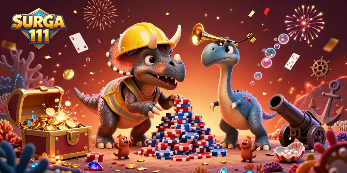 SURGA 111 casino scene with playful dinosaurs building poker chip towers amidst gold coins and glowing treasures.