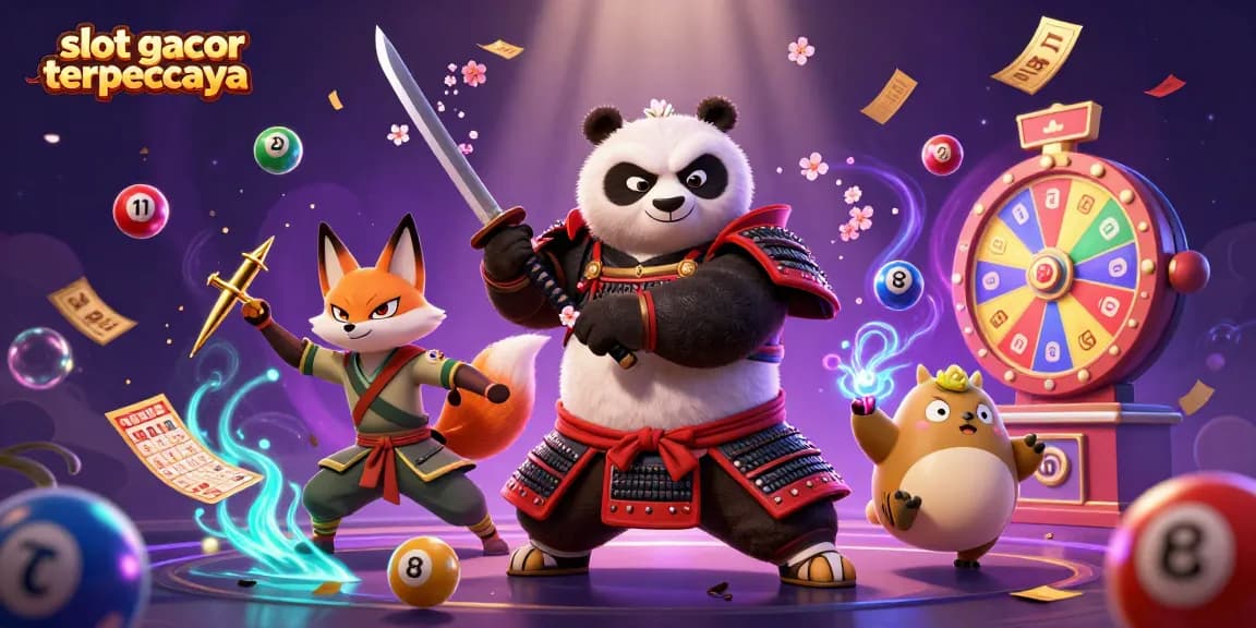 Simbol keberuntungan pada slot gacor terpercaya dengan panda samurai dan ninja fox yang beraksi.