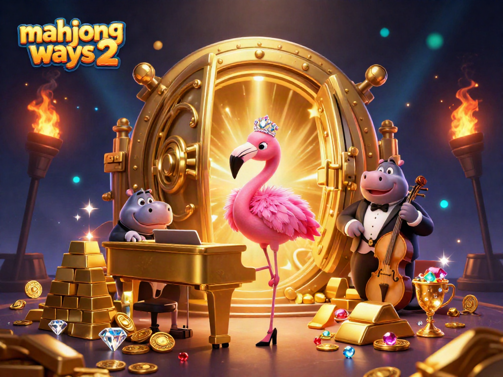 Engage with mahjong ways 2 and win big through this vibrant casino illustration featuring lively characters and golden elements.
