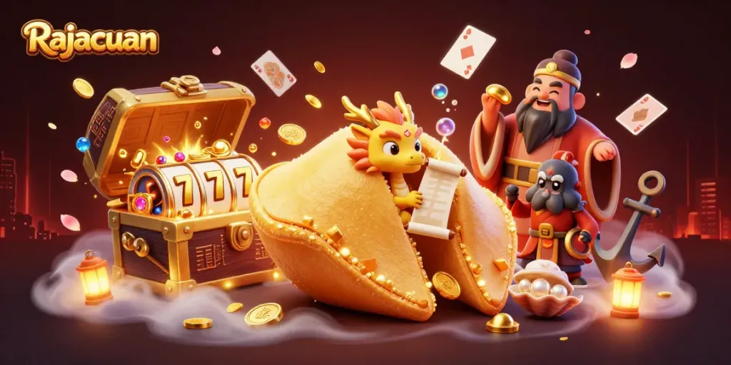 Rajacuan players spinning slot reels with a golden dragon fortune and treasure in a vibrant illustration.
