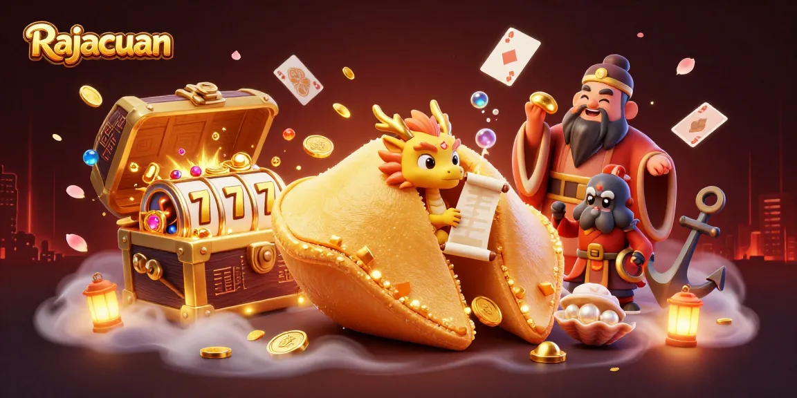 Rajacuan players spinning slot reels with a golden dragon fortune and treasure in a vibrant illustration.