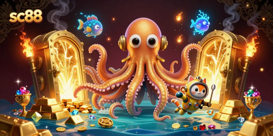 Experience the thrill of sc88 with a colossal kraken and diving cat in a treasure-filled adventure.
