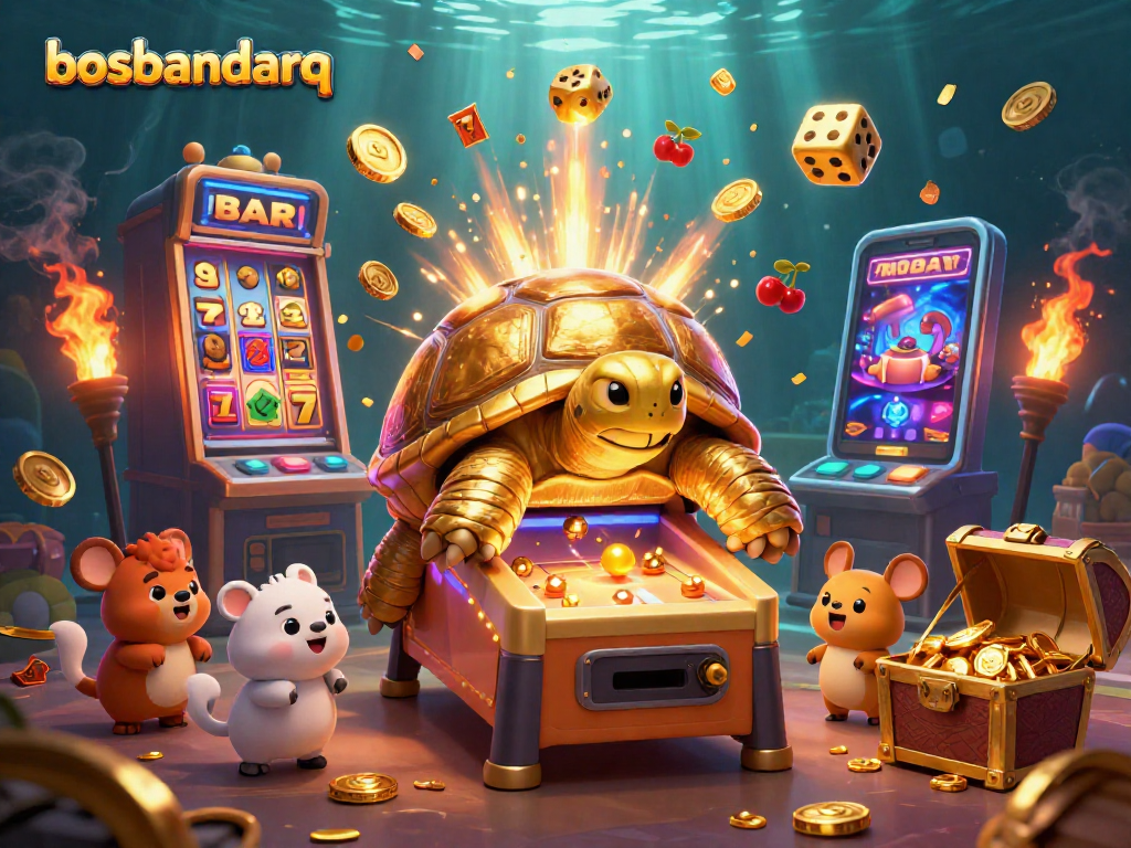 Engage with bosbandarq through exciting gameplay featuring a golden turtle and vibrant casino elements.