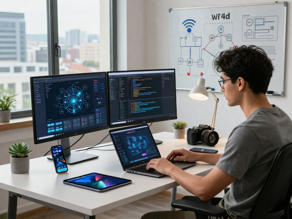 Ruang kerja modern dengan profesional teknologi sedang bekerja pada wifi4d dan grafik jaringan.