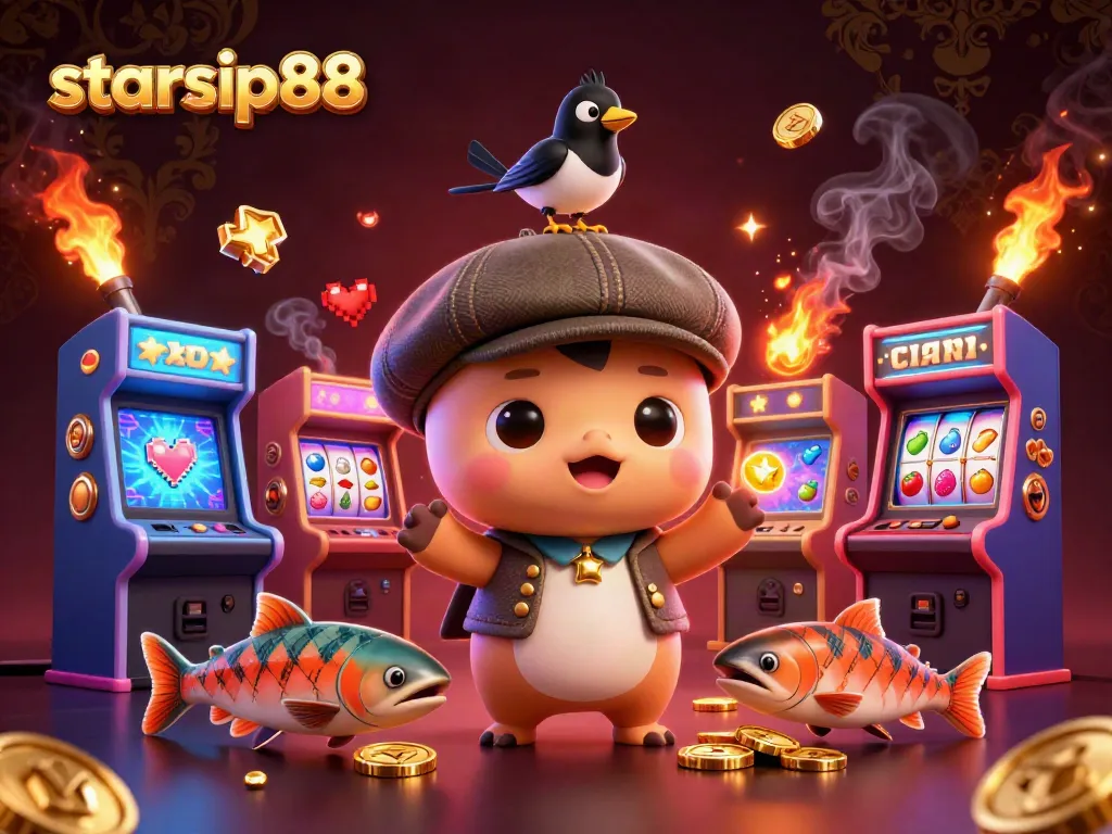 Engage with the vibrant gaming world of starsip88, featuring 3D characters and casino slot elements.