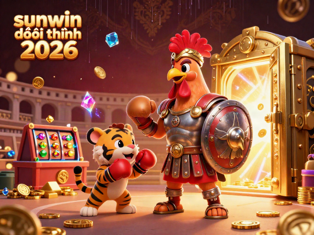Experience sunwin đổi thưởng 2026 with lively casino elements, showcasing a gladiator rooster and tiger cub in a vibrant 3D illustration.