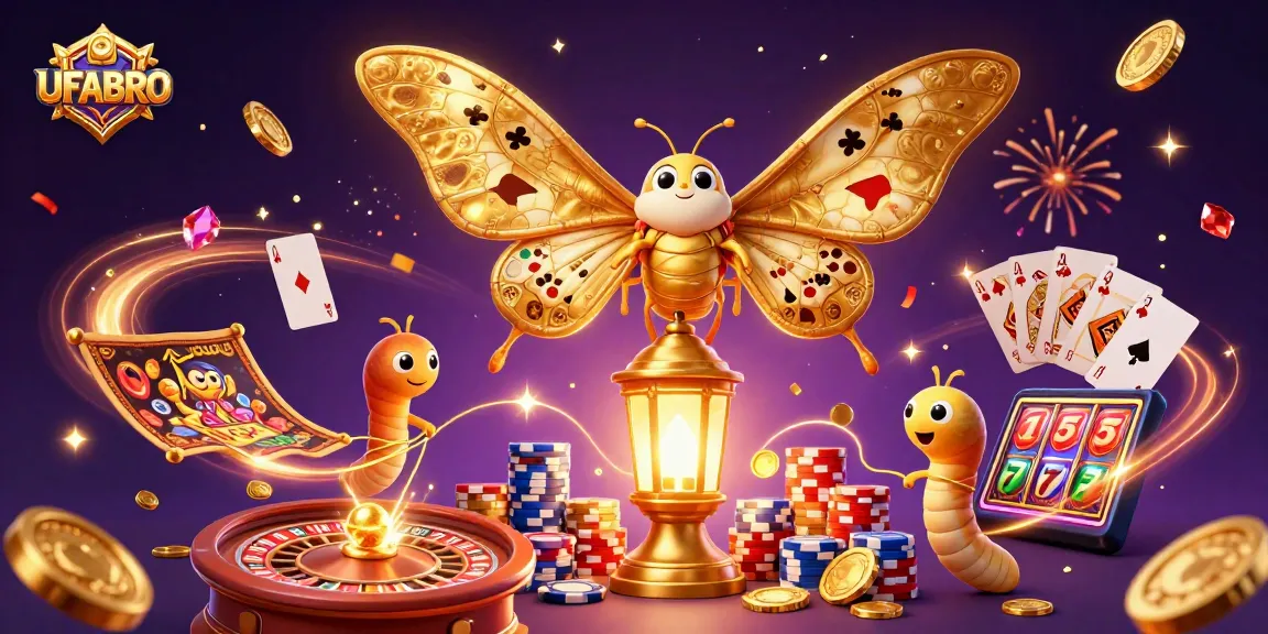 Experience excitement at UFABRO with dynamic casino scenes featuring golden moths and vibrant games