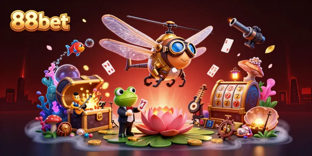 Play slots and win at 88bet with a vibrant 3D illustration of a dragonfly pilot and a frog croupier.