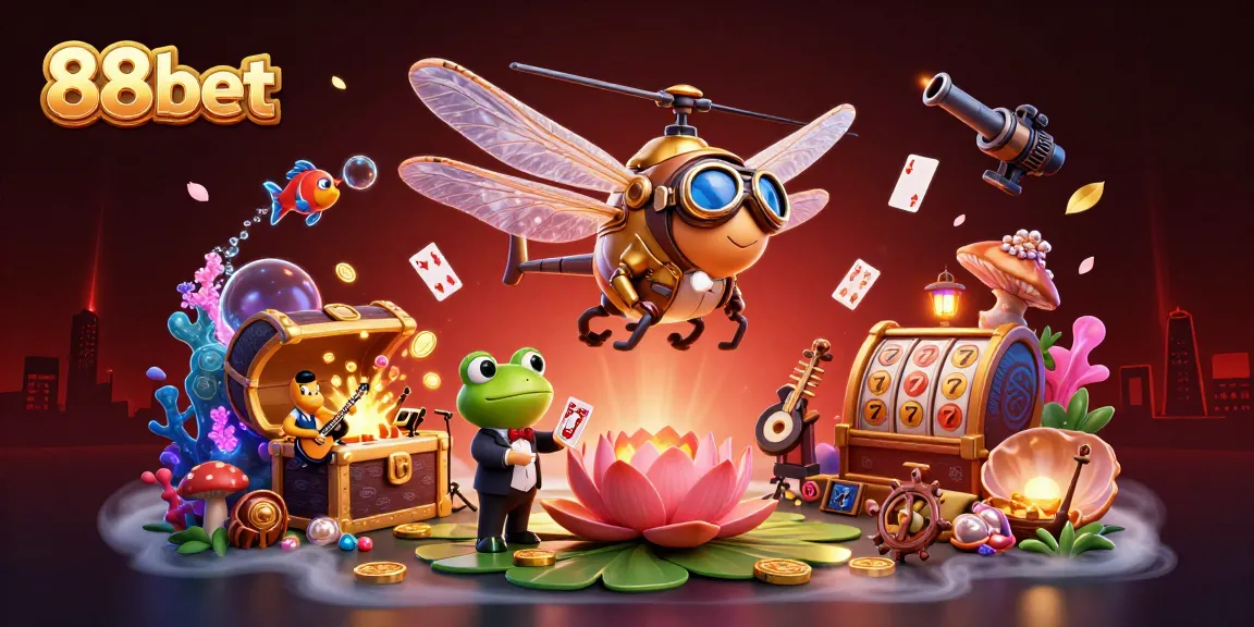 Play slots and win at 88bet with a vibrant 3D illustration of a dragonfly pilot and a frog croupier.