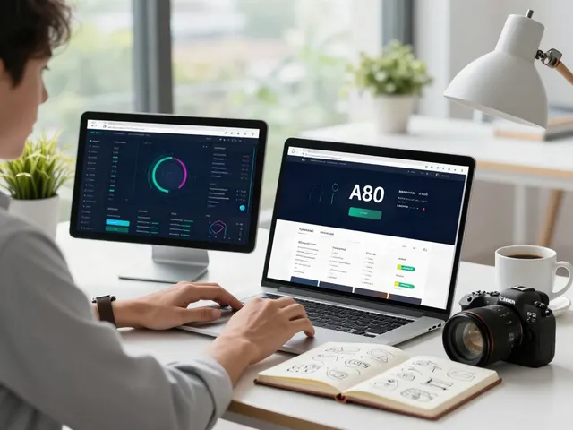 The A80 website showcased on a laptop in a modern tech workspace with vibrant screens and creative elements.