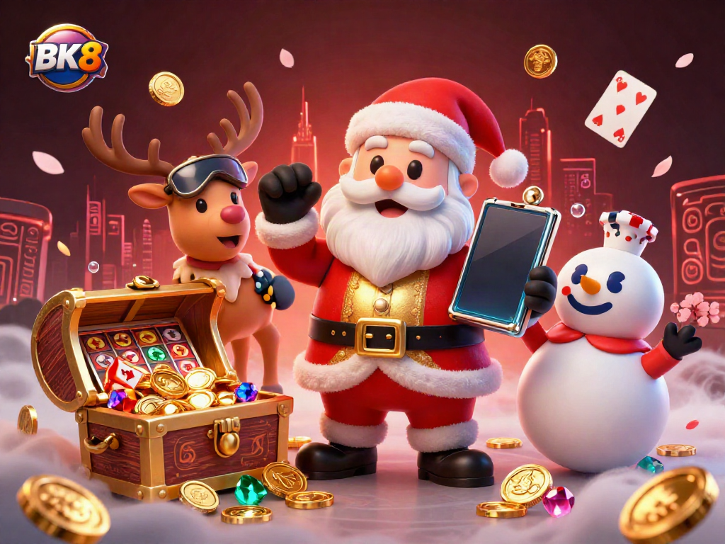Join BK8 for an exciting gaming experience with Santa in a vibrant casino setting.